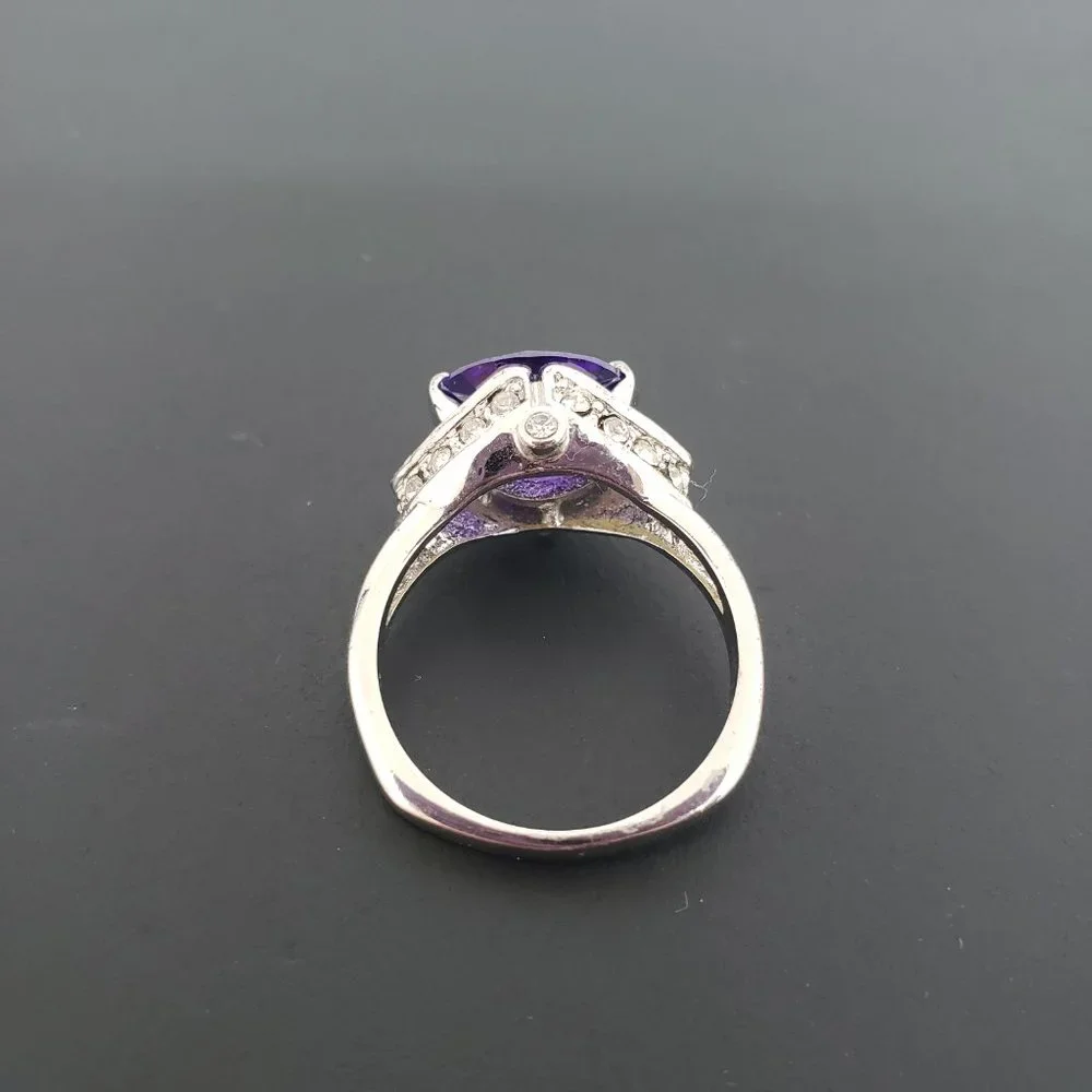 Simulated Amethyst & Rhinestone Silver Tone Ring Size 6 - Picture 7 of 10